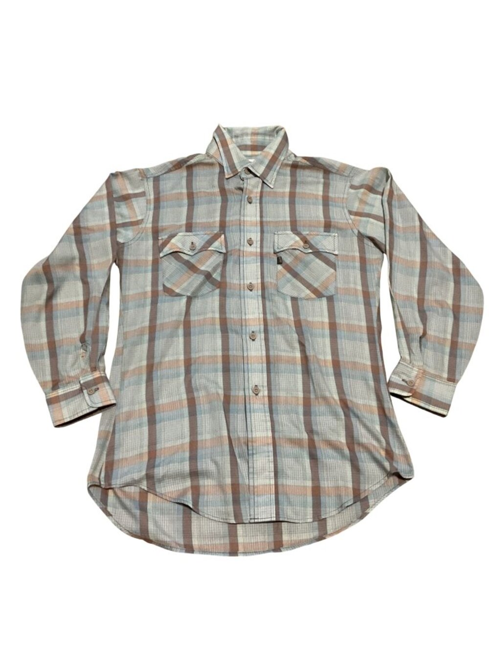 Vtg 70S Levi's Black Tag Plaid Shirt Sz M Tan Blue Long Sleeve Western Cowboy